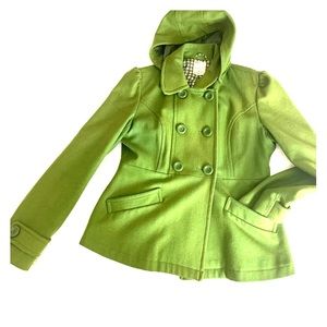 Pea green wool pea coat with a detachable hood.